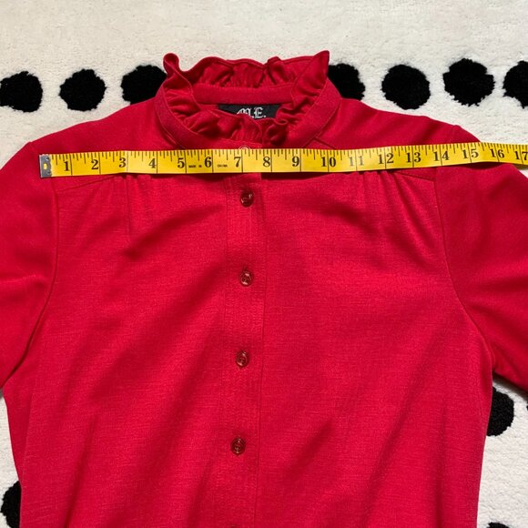 Vintage 70s Button Tie Front  Ruffle Trim Modest 60s Retro Secretary Dress - Picture 10 of 16